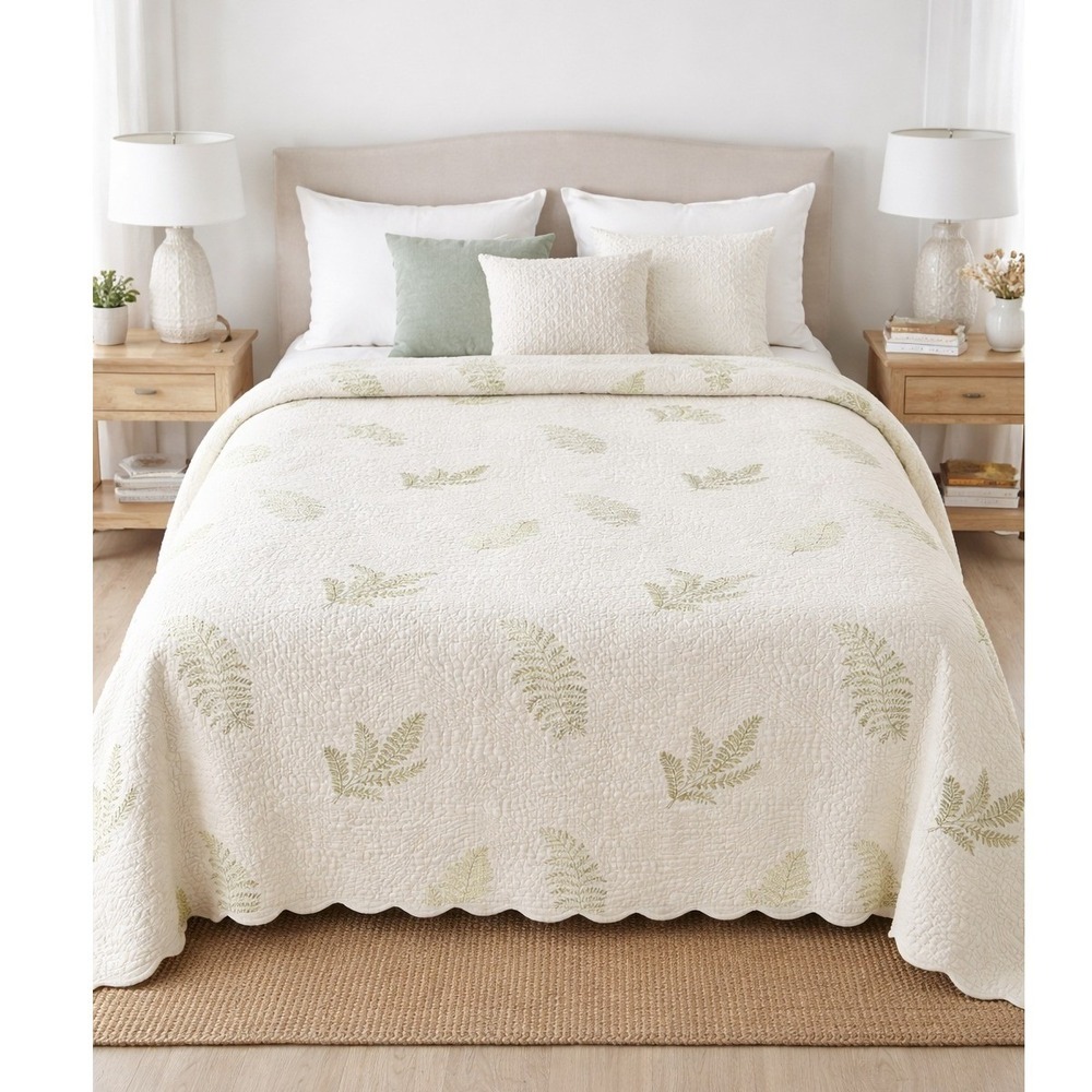 Linen Source Queen Coverlet 100% Cotton White Green Fern Leaf Scalloped Portugal